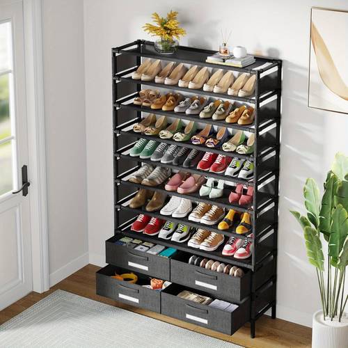 10 tier shoe rack with 4 bins drawers vertical shoe organizer free shoe shelf storage for home hallway garage