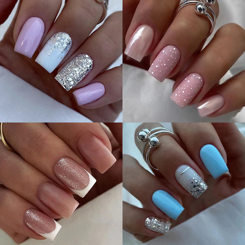 TEMU 96pcs Medium Press On Nails Square Fake Nails Matte Pearlescent Pink False Nails With Sequin Designs Summer Acrylic Nails For Women Nails