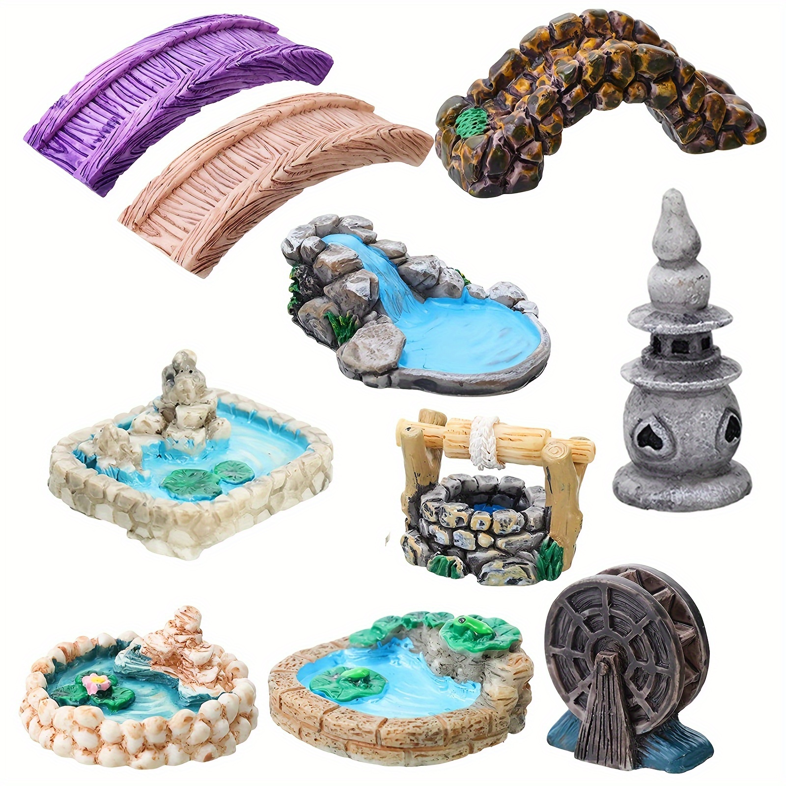 

10pcs Fairy Garden Kit: Miniature Bridge, Lighthouse, Pond & More - Diy Craft Set For Lawn Decor