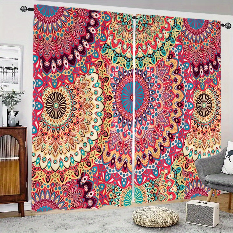 

2pcs Boho Mandala Blackout Window Curtains, Woven Peach Skin Velvet Rod Pocket Drapes, Modern Printed Water-resistant Polyester Panels For Living Room - Machine Washable Decorative Home Accessories