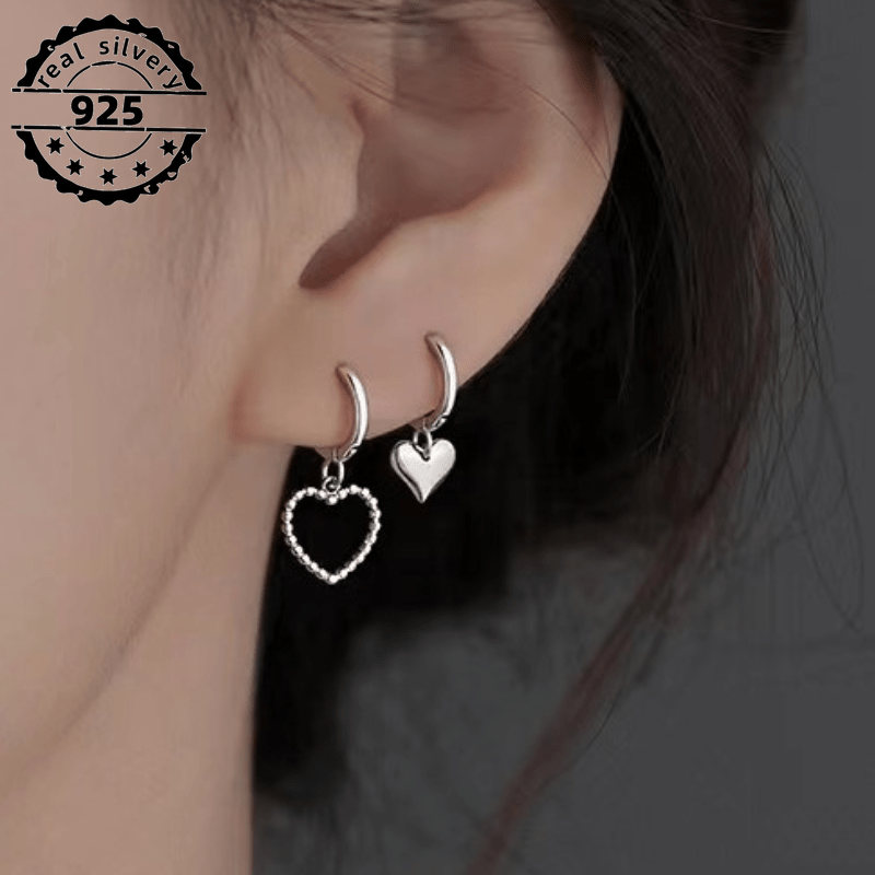 

925 Silver Heart Wedding Earrings For Women Light Luxury Design Asymmetrical Hollow Earrings 2g/0.071oz