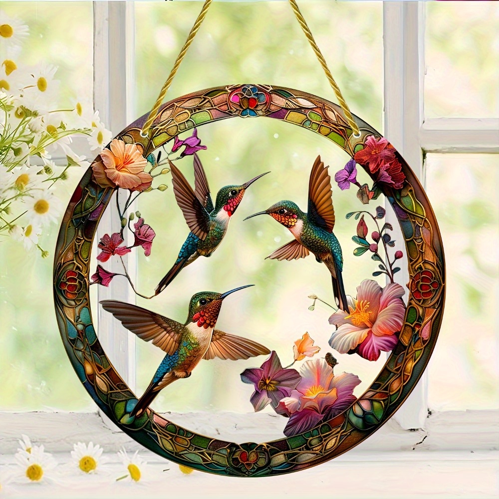 TEMU 1pc, Hummingbird Flower Colorful Art Semi Transparent Round Window Hanging Decoration, Sun Catcher, Parasol, Gift For Family, Lover, Friend,