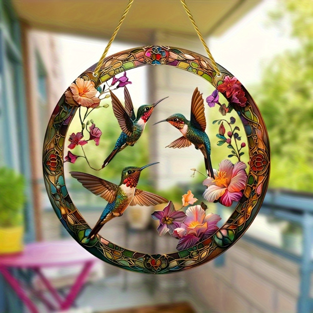 

1pc Vibrant Hummingbird & Floral Stained Glass Sun - , Semi-transparent Round Window Hanging Decoration With - Ideal Gift For Family, Friends, And - Bedroom, Porch, Living Room, Or Garden Decor