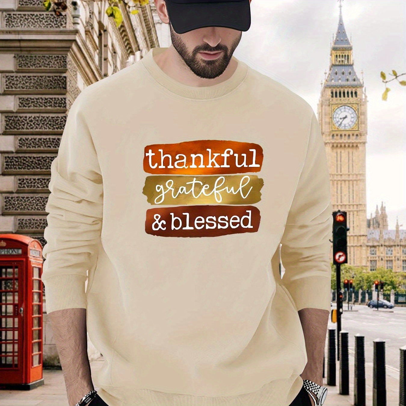 

Men's Casual Crew Neck Sweatshirt - Thankful Grateful & Blessed Graphic Print - Polyester Knit Active Long-sleeve Pullover With Slight Stretch - Fashionable Leisure Sportswear Sweater