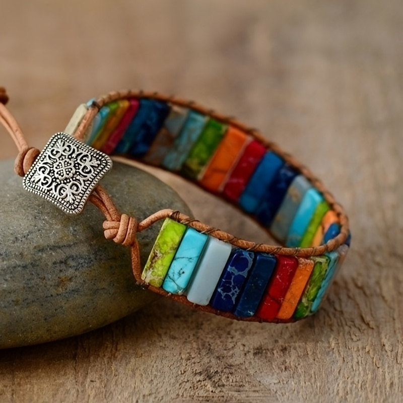 TEMU 1pc Vibrant Bohemian Stone Men's Woven Bracelet - Unique Handcrafted Artificial Jewelry With Trendy Colors And Stylish Design For Fashion-conscious Individuals