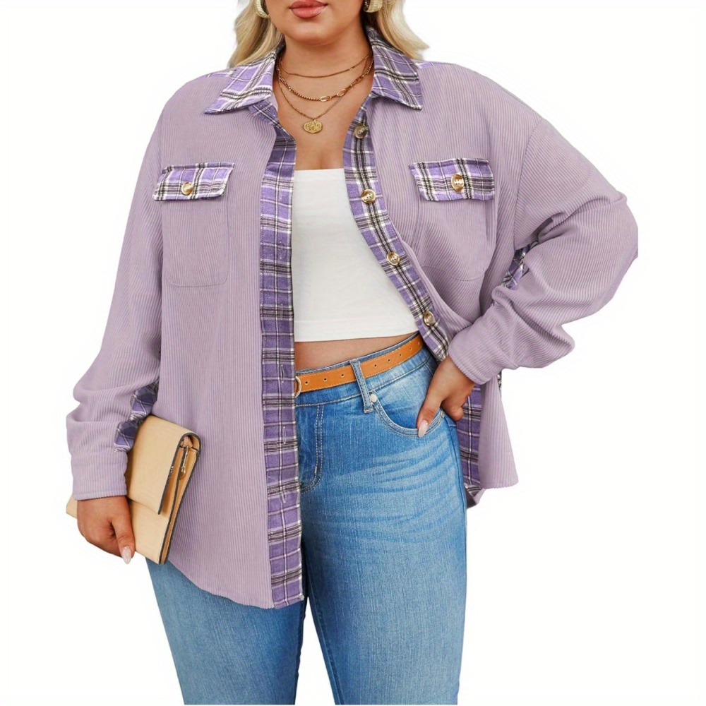 

Plus Size Plaid Panel Corduroy Jacket, Casual Turndown Collar Long Sleeve Outwear With Pocket, Women's Plus Size Clothing