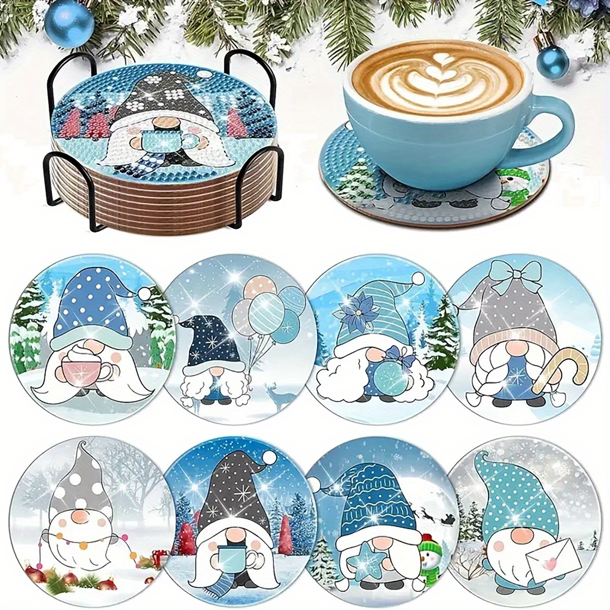 

8-pack Christmas Diamond Painting Coasters Kit With Holder - Sparkling Rhinestone Heat Resistant Drink Mats Set - Diy Art Craft Supplies For Beginners & Adults, Wood And Acrylic Material