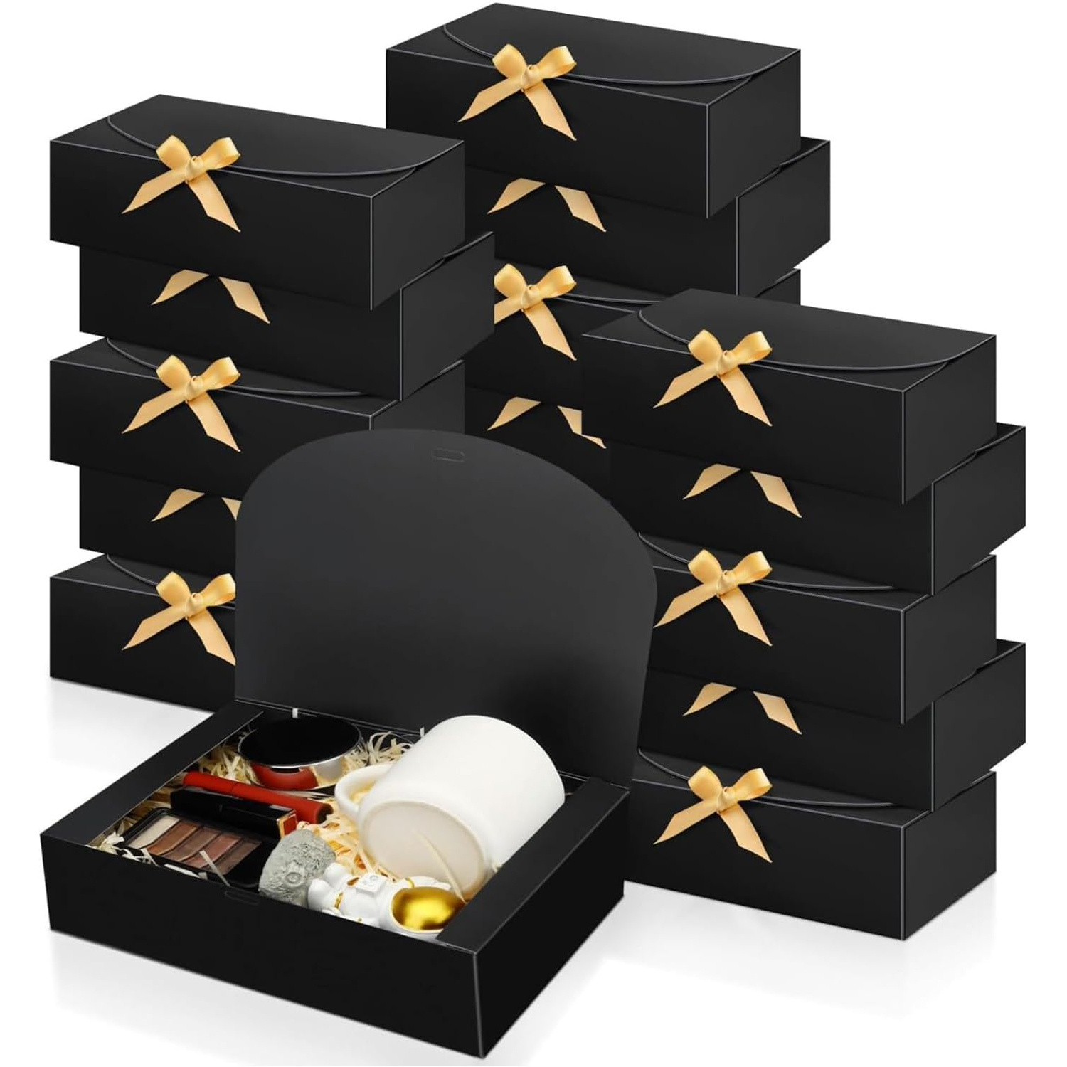 

10-pack Black Paper Gift Boxes With Ribbon - Multipurpose Presentation Boxes For Wedding, Bridesmaid Proposals, Christmas, - Kraft Paper Packaging For Jewelry And Crafts Display