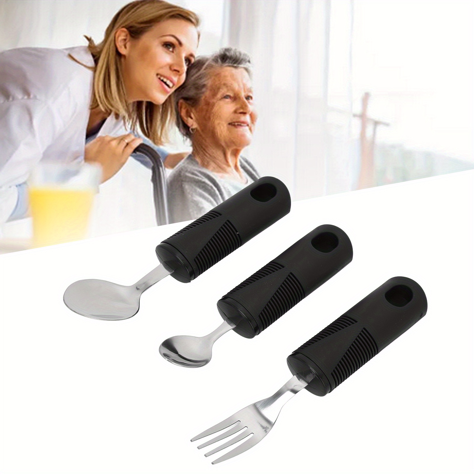 

3pcs For Hand , Elderly, Arthritis, Parkinsons- Utensils For Adults– Easy Grip Aids Handle Stainless Steel Wide Rubber Handle Nonslip Anti Shaking Weighted Utensils