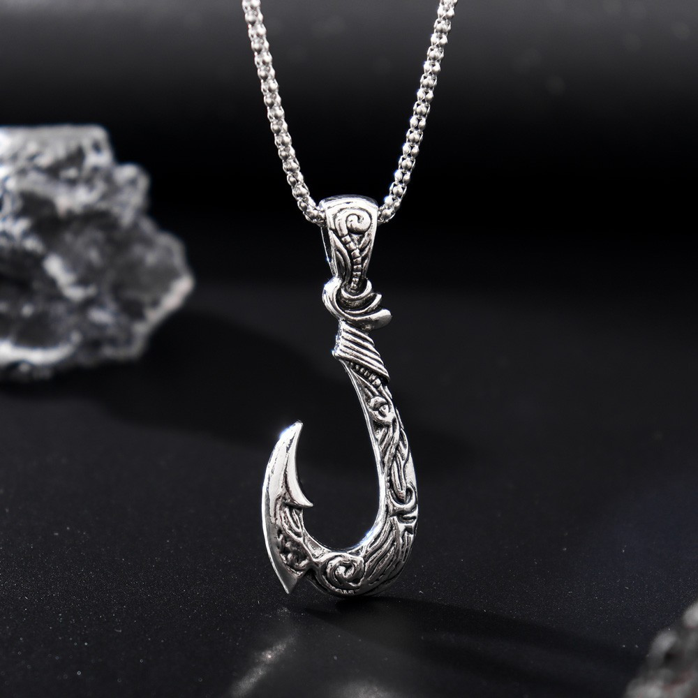 

Fashion Stainless Steel Fish Hook Pendant Necklace - Unisex Vintage Pattern Design, No Plating, Simple Elegant Jewelry For Couples, Ideal Gift For Special Occasions