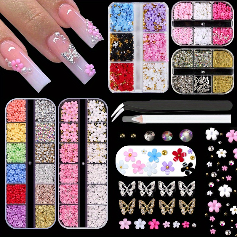 TEMU 5 Boxes Of 3d Acrylic Flower Nail Art Rhinestones, With Nail Glue, Colorful Acrylic Flower Nail Charms With Caviar Beads, With Pickup And Tools