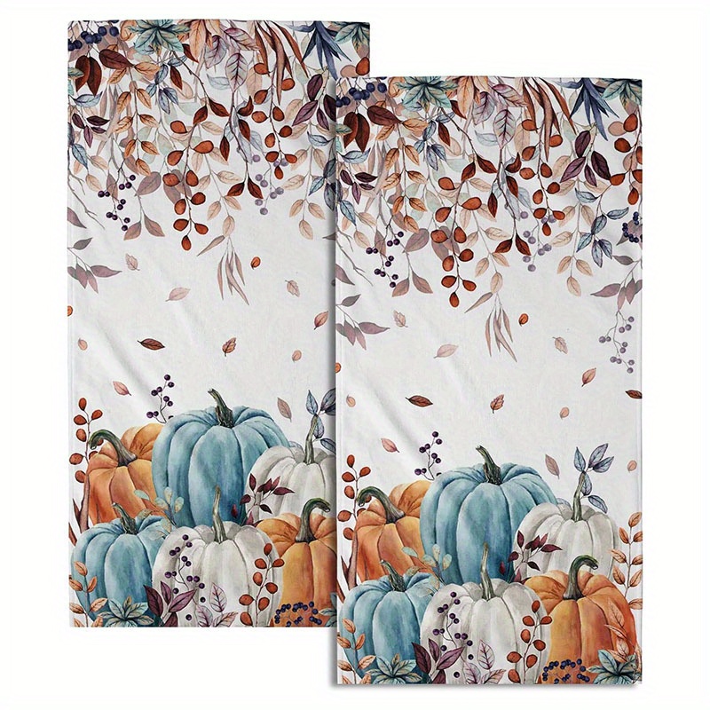 

2-piece Microfiber Hand Towels With Fall Pumpkin & Eucalyptus Design - Contemporary Style, Space-themed, Super Soft Knit Fabric, Machine Washable Dish Cloths For Kitchen & Bathroom