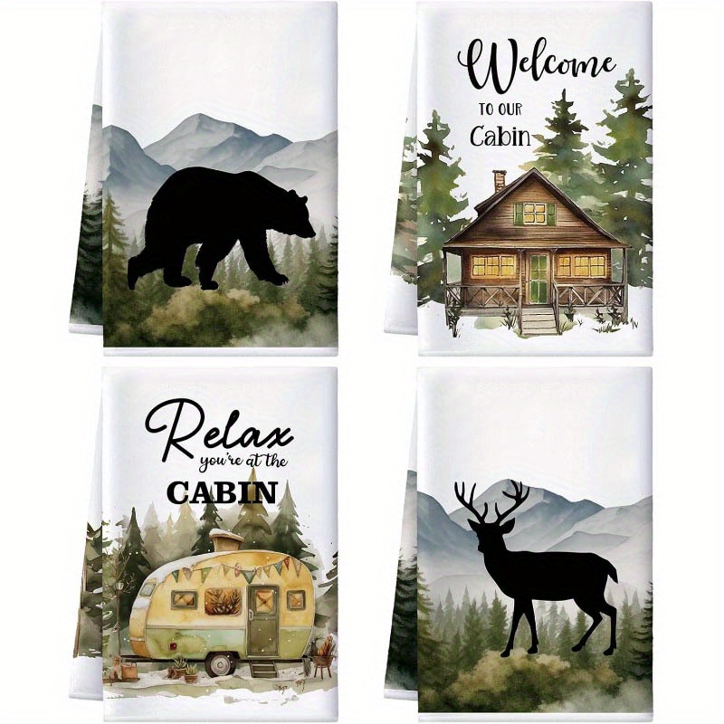 

4pcs Rustic Cabin Kitchen Towel Set - Ultra-soft Microfiber, Bear & , Perfect For Drying Dishes & Decorating, Machine Washable, 18x26 Inches