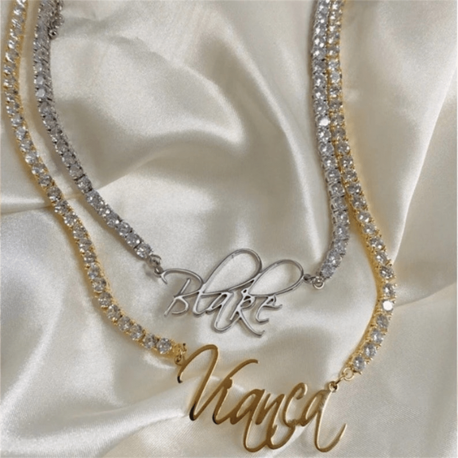 

Personalized Bling Name Necklace - Elegant 18k Golden Plated Stainless Steel Tennis Chain, Perfect For Daily Wear & Gifts