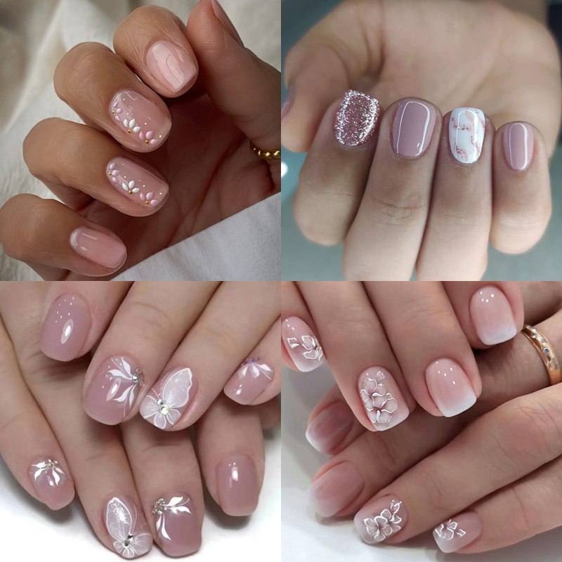 

96pcs Nude Pinkish And White Gradient Press On Nails White Flower Patterwith Design, Glossy Medium Square Ballet Fake Nails, Elegant Acrylicartificial Nails For Women Girls