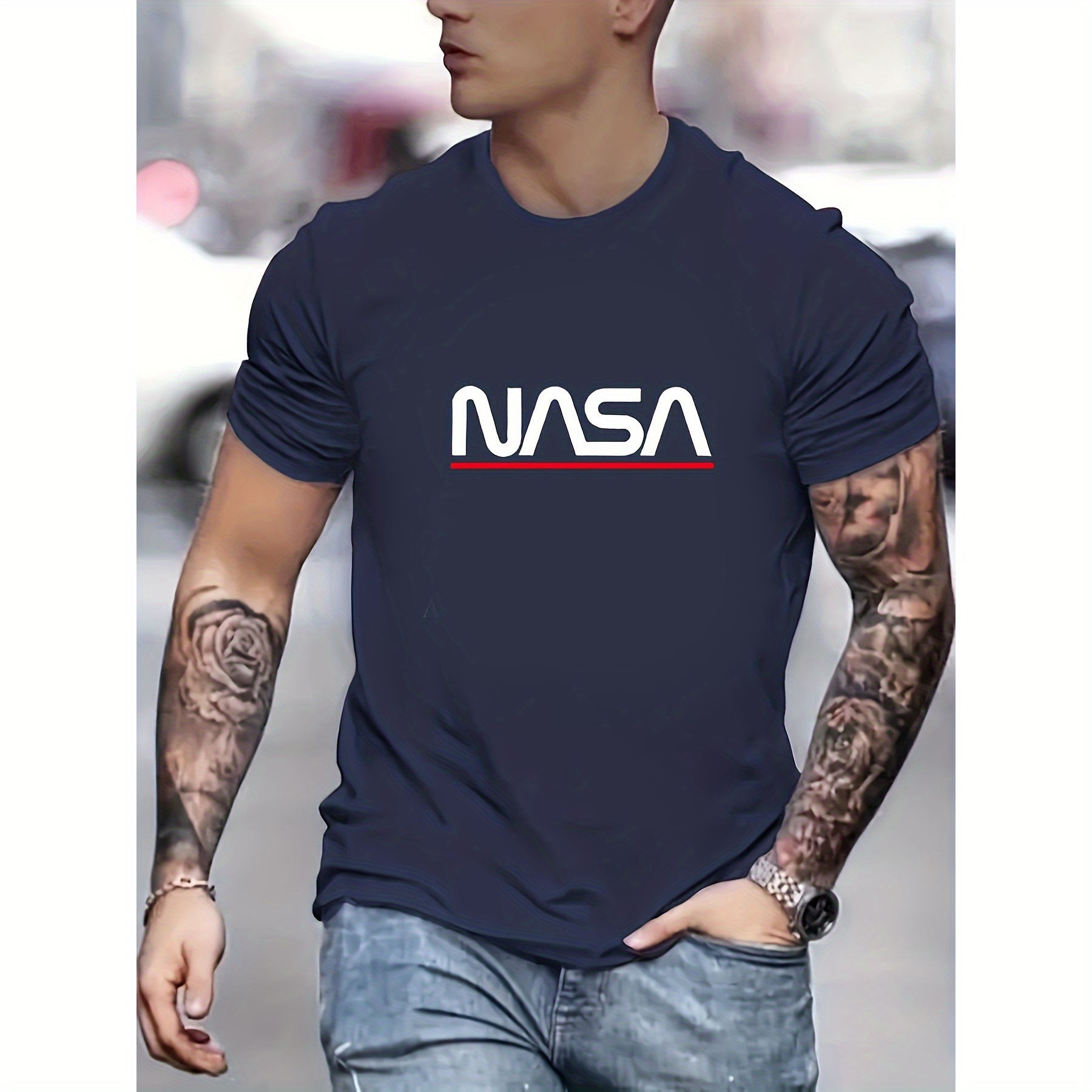 

Nasa-inspired Men's T-shirt - Casual Crew Neck, Short Sleeve, Breathable Polyester, Summer Fashion Tee