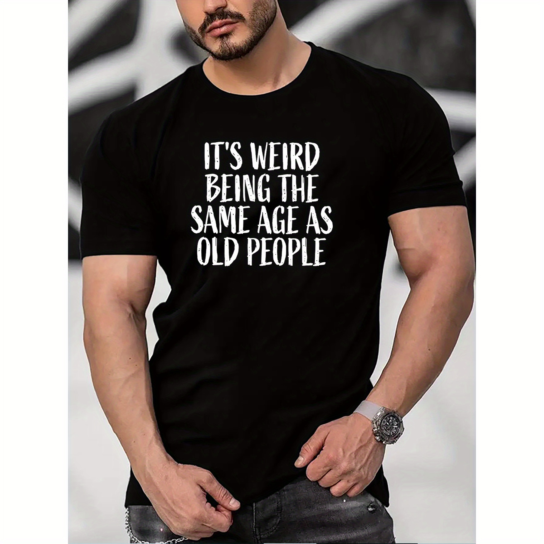 

Funny ' Age As Old People' Men's T-shirt - Casual Short Sleeve, Breathable Polyester, Summer Tee With Geometric Print