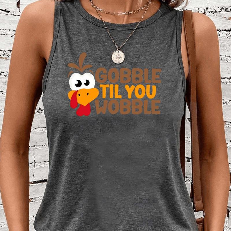 

Fashion Thanksgiving Turkey & Letter Print Casual Sporty Vest, Women's Crew Neck Sleeveless Tank Top