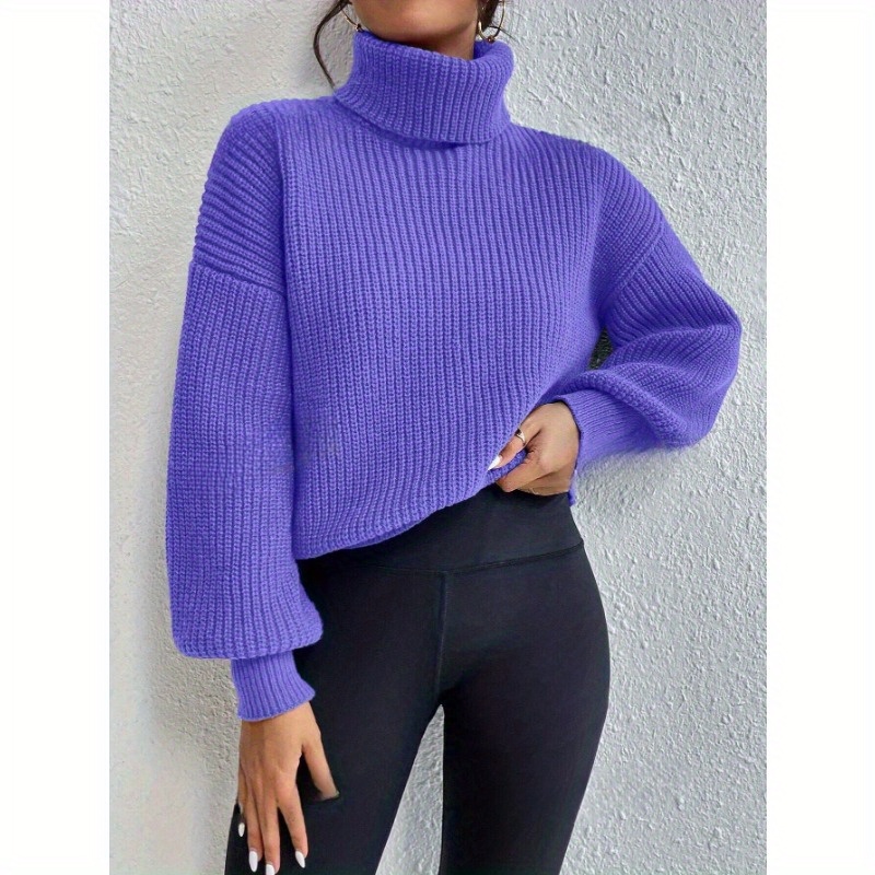 

Turtle Neck Drop Shoulder Knit Sweater, Elegant Solid Color Long Sleeve Sweater For Winter & Fall, Women's Clothing