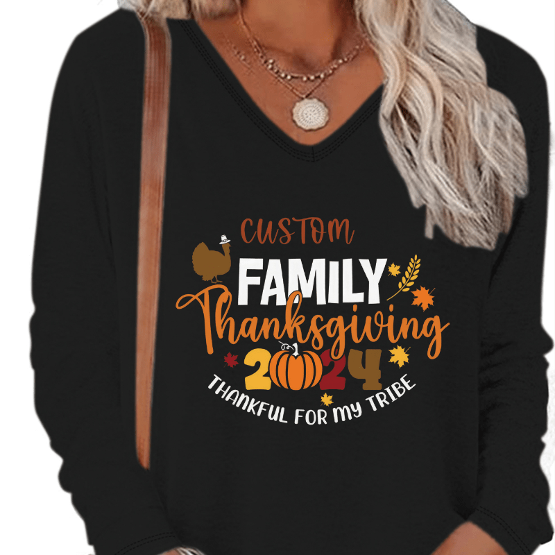 

Women's Casual V-neck Long Sleeve T-shirt With Thanksgiving Turkey Alphabet Print, Knit Polyester Blend Fabric (95% Polyester, 5% Elastane), Perfect For Fall/winter