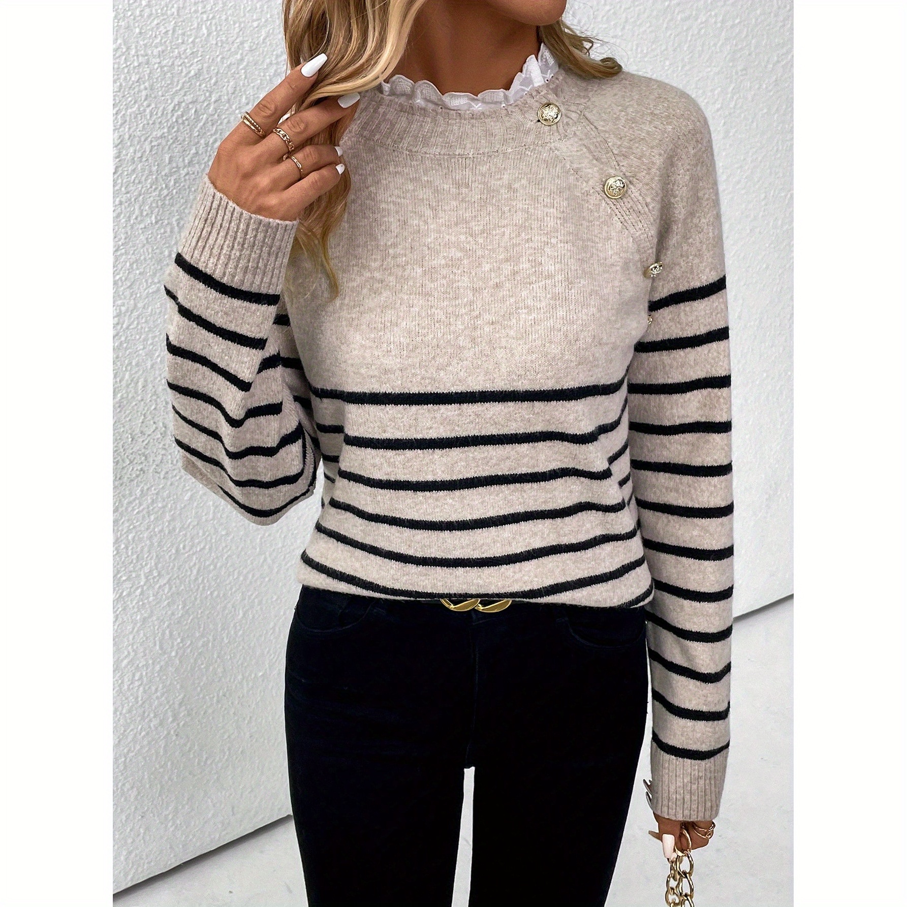 

-trimmed Knit Sweater For Women - Long Sleeve, Crew Neck, Button Detail, Stretch Fabric, Fall/winter