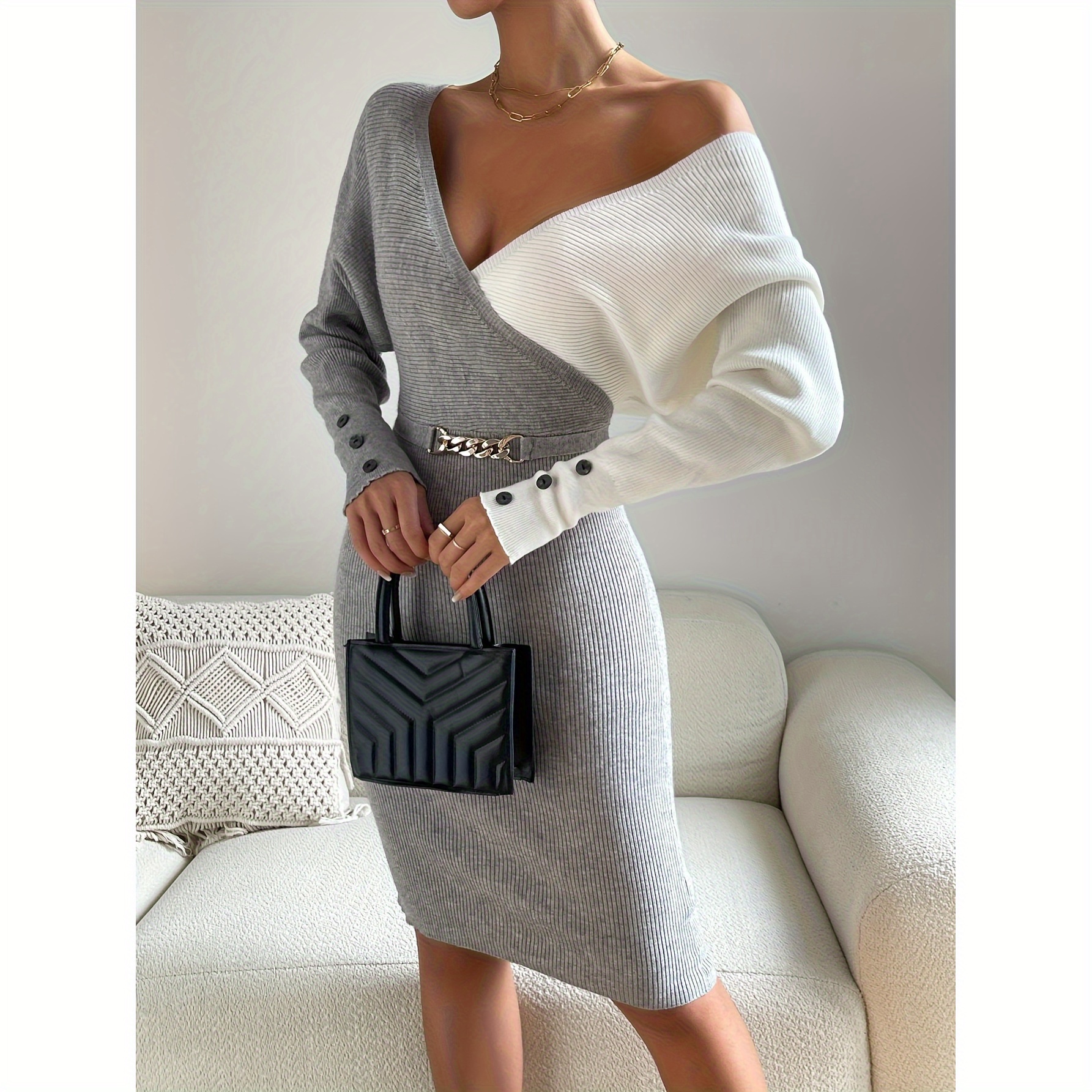 

Off The Shoulder Color Block Midi Sweater Dress With Chain Detail - Polyester Knit Fabric, Bodycon Silhouette, Batwing Sleeves, Flared Hem - Fall/