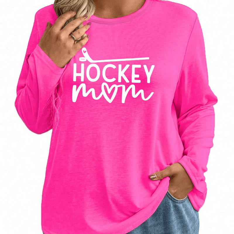 

Casual Long Sleeve Hockey Mom Graphic T-shirt Knit Polyester Spandex Blend Crew Neck With Slight Stretch For Women