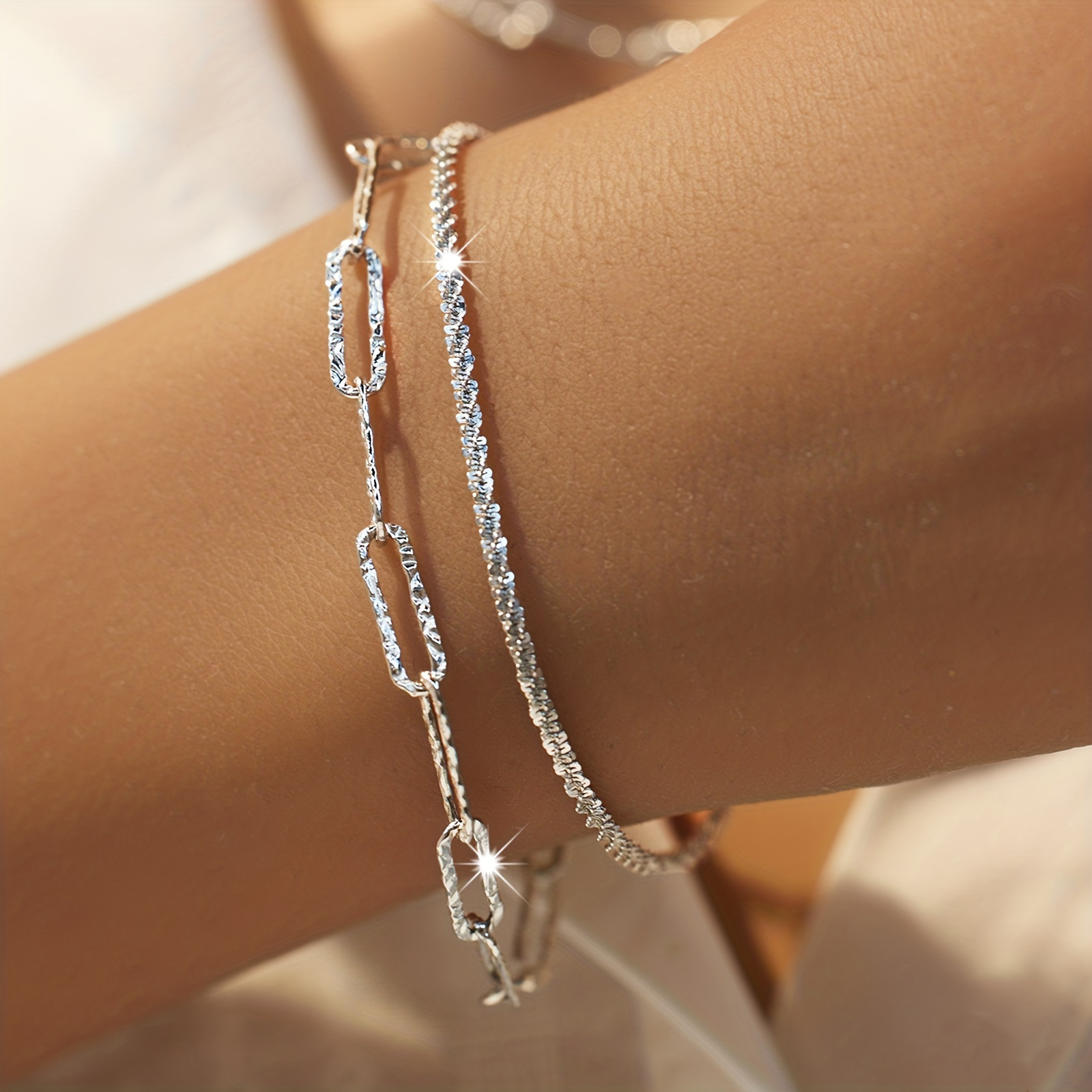 2pcs set boho chic 925 silvery plated necklace bracelet multi layer paperclip chain design     or party accessory details 3