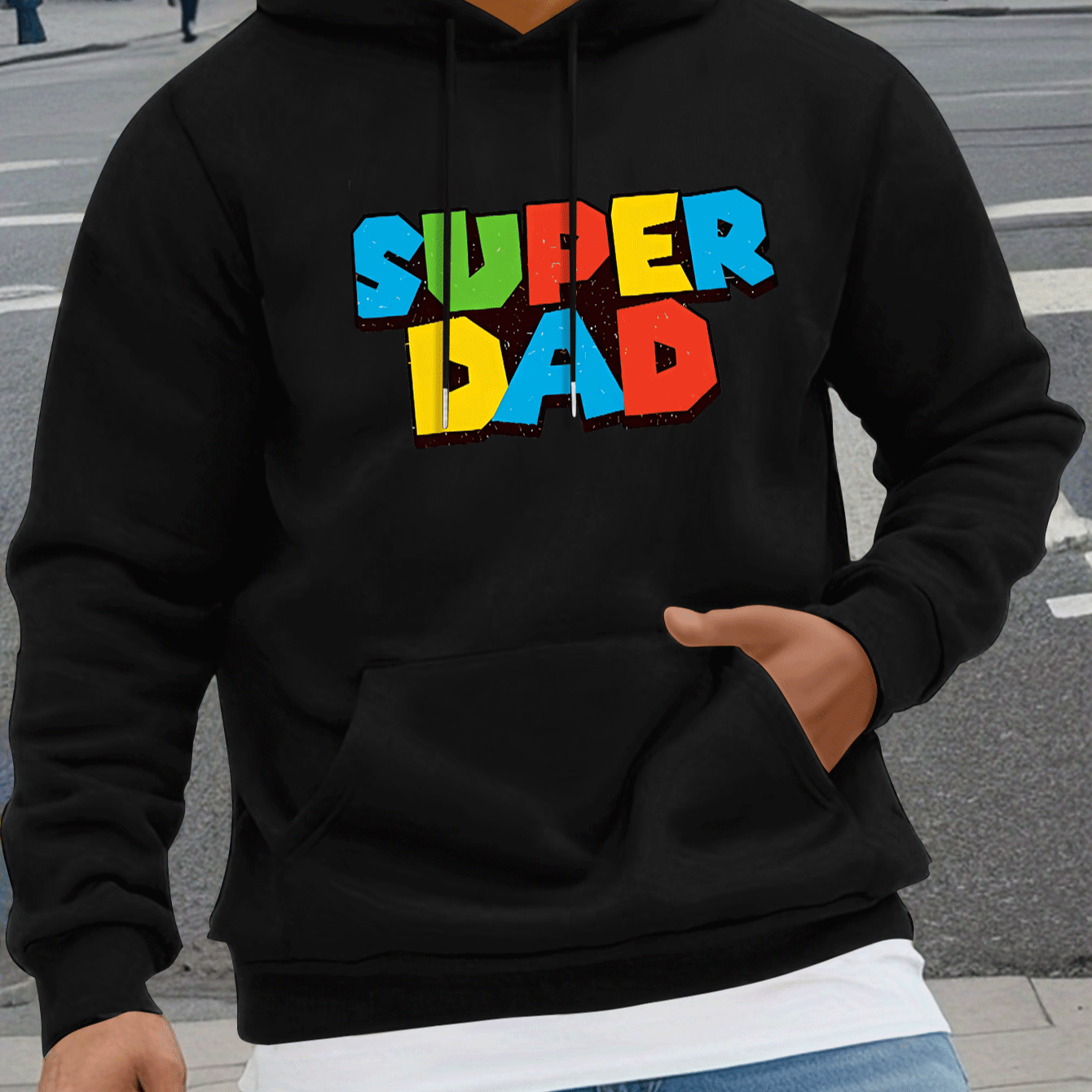 

super Dad" Graphic Hoodie - Fall/winter Collection - Casual Style - Knit Fabric - Regular Fit - Polyester Blend - Geometric Pattern - Micro-mesh - Hooded - Men's Fashion