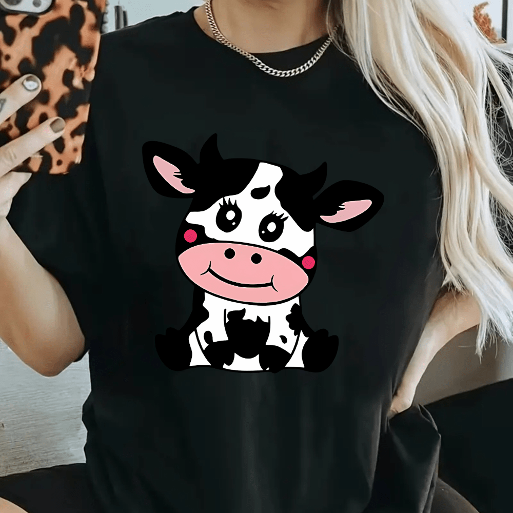 

Women's Cute Cartoon Cow Print Casual T-shirt - Polyester Knit Fabric Blend Crew Neck Top With Medium Stretch For Summer