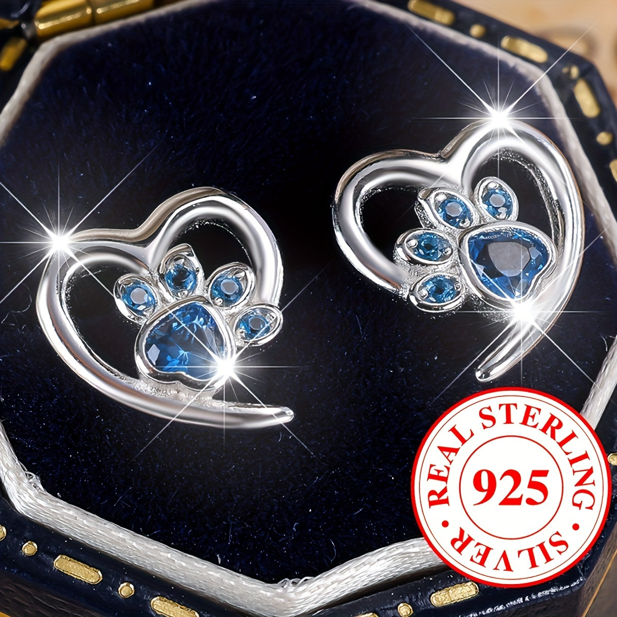 TEMU A Pair Of 925 Sterling Silver Hollow Paw Print Earrings, Small And Blue Zirconia Earrings Jewelry, Sweet And Elegant Perfect Female Charm