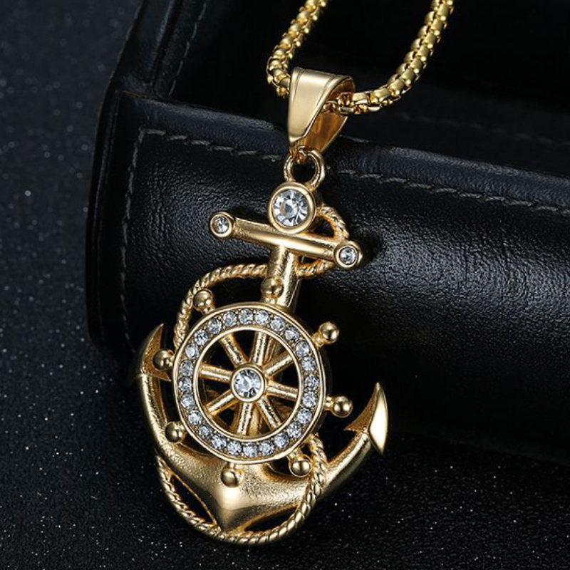 

Luxurious Golden-tone Titanium Steel Anchor Pendant Necklace With Sparkling Rhinestones - Hip Hop Inspired, For Men, Elegant Necklace