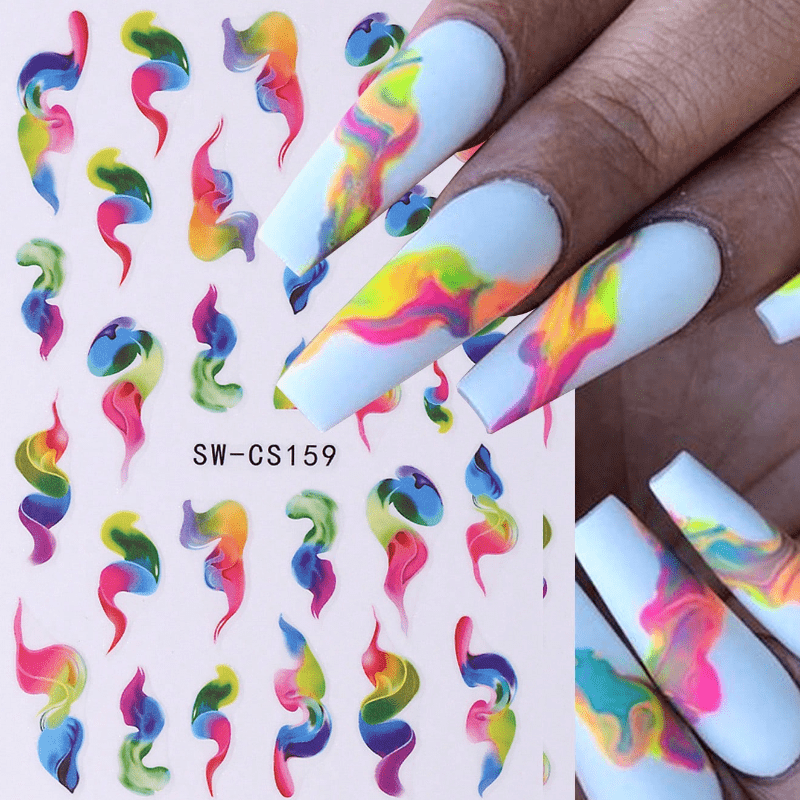 Image of 1pc 3d Colorful Nail Art Stickers Watercolor Ink Blooming Decals Adhesive Sliders Marble Effect Manicure Nail Art Decoration