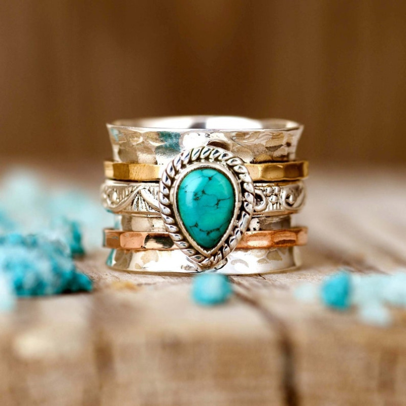 TEMU Bohemian Vintage Tricolor Turquoise Women's Ring Wedding Ring Accessories Valentine's Day Gift Wide Band Ring With Elegant Luxurious Anniversary Birthday Gifts Party And Evening Accessory
