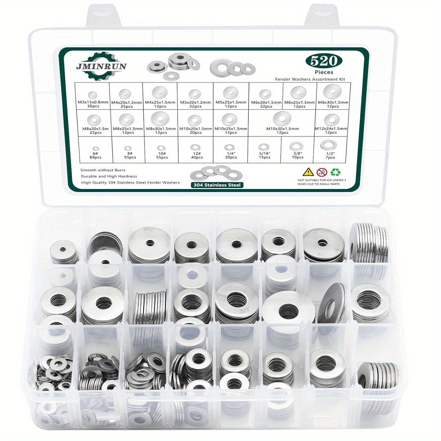 

Fender Washers, 520pcs Sae + Metric 23 Sizes Flat Washers Assortment Set, 304 Stainless Steel Assorted Hardware Washers Kit For Bolts (m3 M4 M5 M6 M8 M10 M12 6# 8# 10# 1/4 5/16 3/8 1/2)