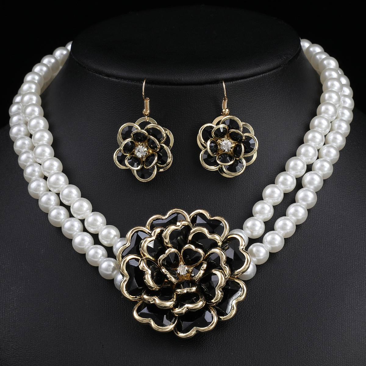 

2pcs Luxury Double Flower Pearl Jewelry Set For Women, Flower Pendant, Perfect For Celebrations And Parties, Bridal Necklace And Earring Set With Imitation Pearls