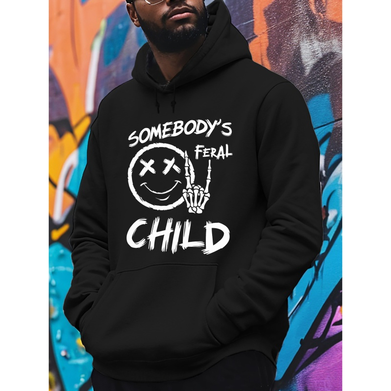 

Feral Child" Graphic Hoodie For Men - Casual Pullover With Kangaroo Pocket, Long Sleeve, Polyester - Perfect Fall/winter Streetwear Gift