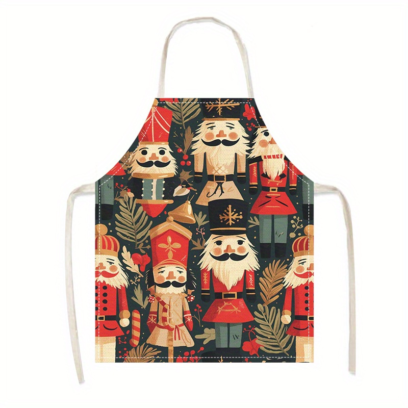 

Christmas Nutcracker Print Linen Apron - Design, 100% Linen Material, Oil-proof Sleeveless Chef Apron For Home And Kitchen Use