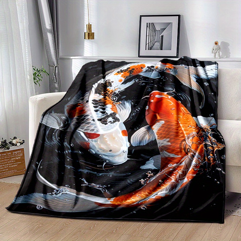 

Vintage Koi Fish Design Flannel Throw Blanket - All-season Knitted Polyester Soft Lightweight Travel Sofa Bed Couch Blanket, 200-250g Digital Print Animal Theme, No Embellishment