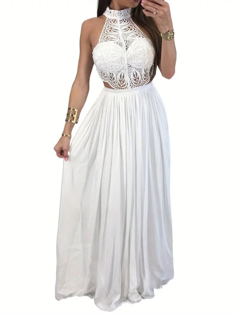 women hollow lace halter dress crochet high waist pleated - Temu women hollow lace halter dress crochet high waist pleated - Temu