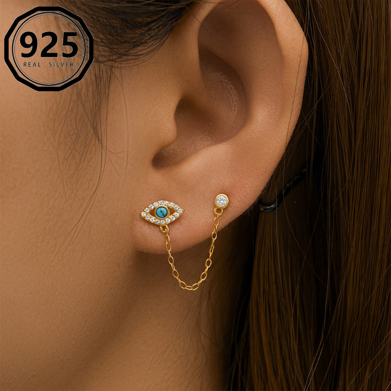 

S925 Sterling Silver Trendy Evil Eye Studs Earring Flat Back Cartilage Cubic Zirconia Tassel Earrings Helix Piercing Jewelry For Women Daily Wear Wedding Party Engagement 1.09g/ 0.038oz