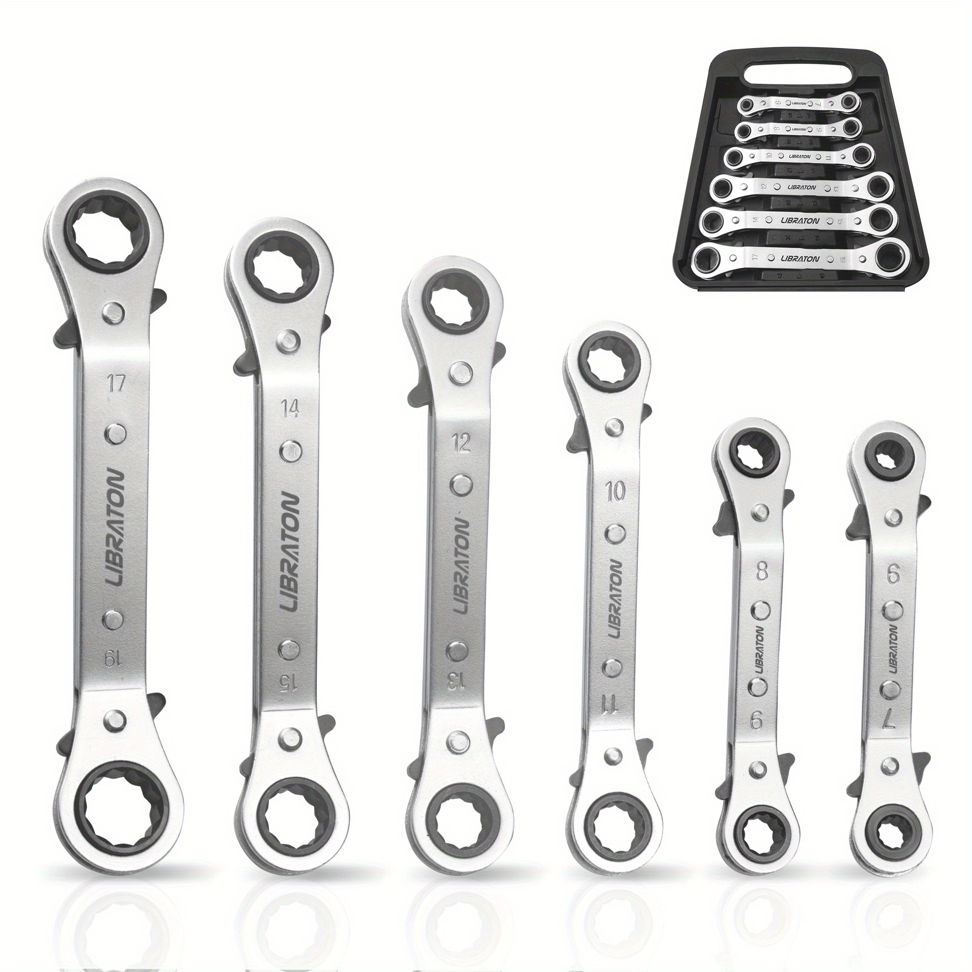 

Libraton 6pcs Metric Ratcheting Wrench Set, 6-19mm With Storage Case - Double-ended, Reversible Design For Tight , Cr- Construction