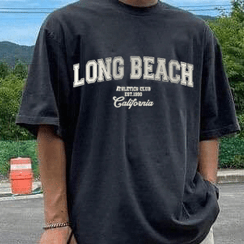 

Long Beach Letters Graphic Print Cotton Men's Short Sleeved T-shirt, Trendy Breathable Comfort Fit T-shirt, Suitable For Summer Daily Wear Or Outdoor Sports