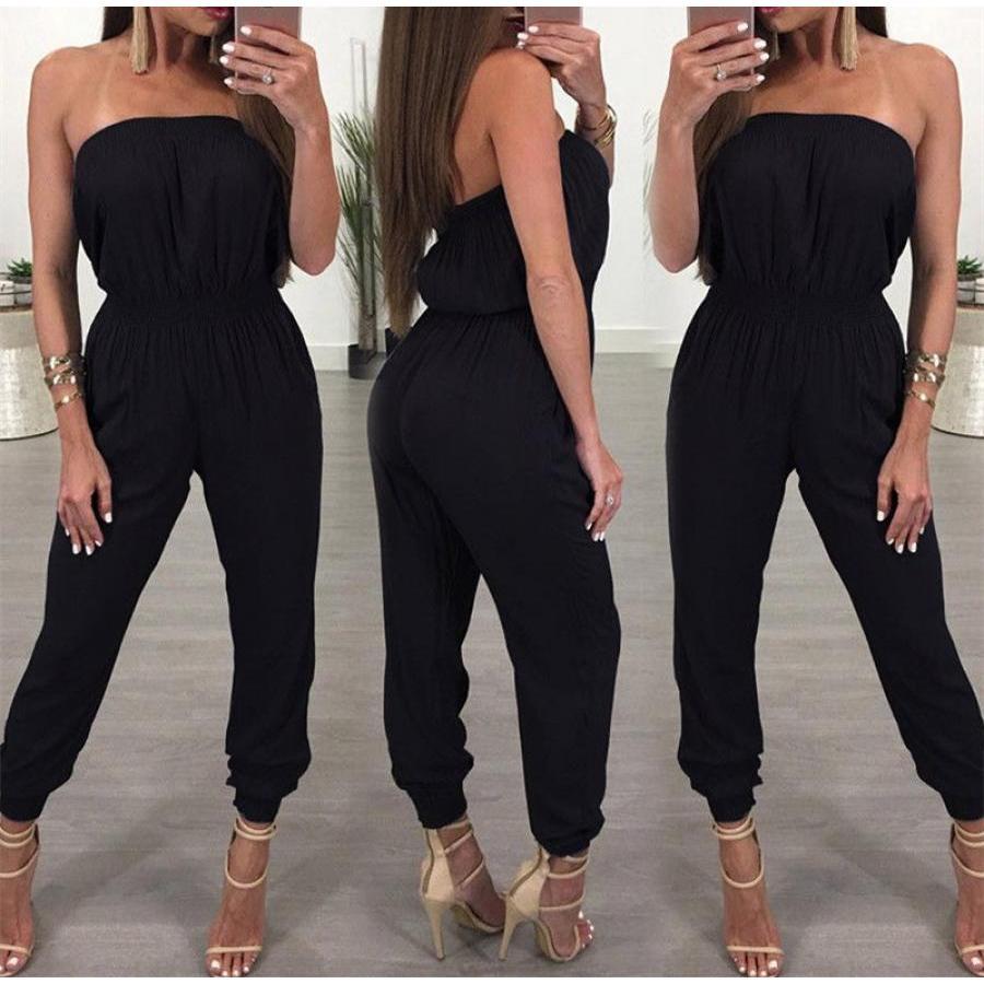 

Womens Sexy Jumpsuit Solid Shoulder Long Pants Outfit Waist Band Strapless Bottoms