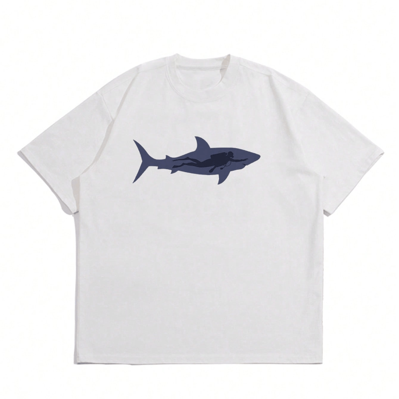 

Shark And Diver Print, Men's Cotton Crew Neck Short Sleeve T-shirt Top, Lightweight & Trendy For Summer Daily & Outdoor & Vacation Wear