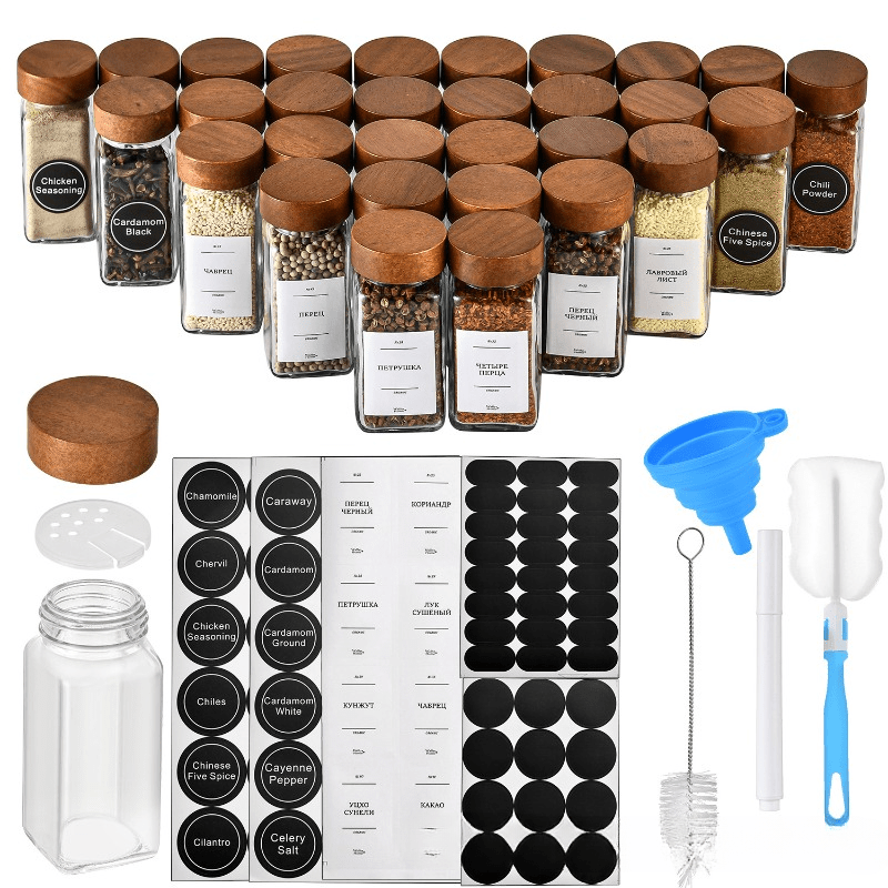 

Ensemble de 12 bocaux à épices carrés en verre avec couvercles en bambou, 4oz contenants à épices hermétiques, organisateur de rangement de cuisine avec étiquettes, et brosse