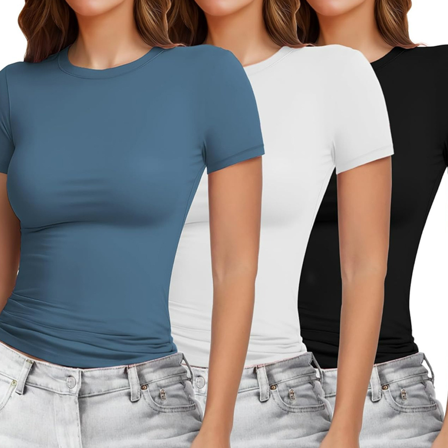 

3pcs Women' Short Sleeve Crew Neck T-shirts In Brown, White, & Black - Y2k Slim Fit Tops, Soft & Lightweight For Spring/summer/fall, Stretchy Polyester & Elastane , Machine Washable