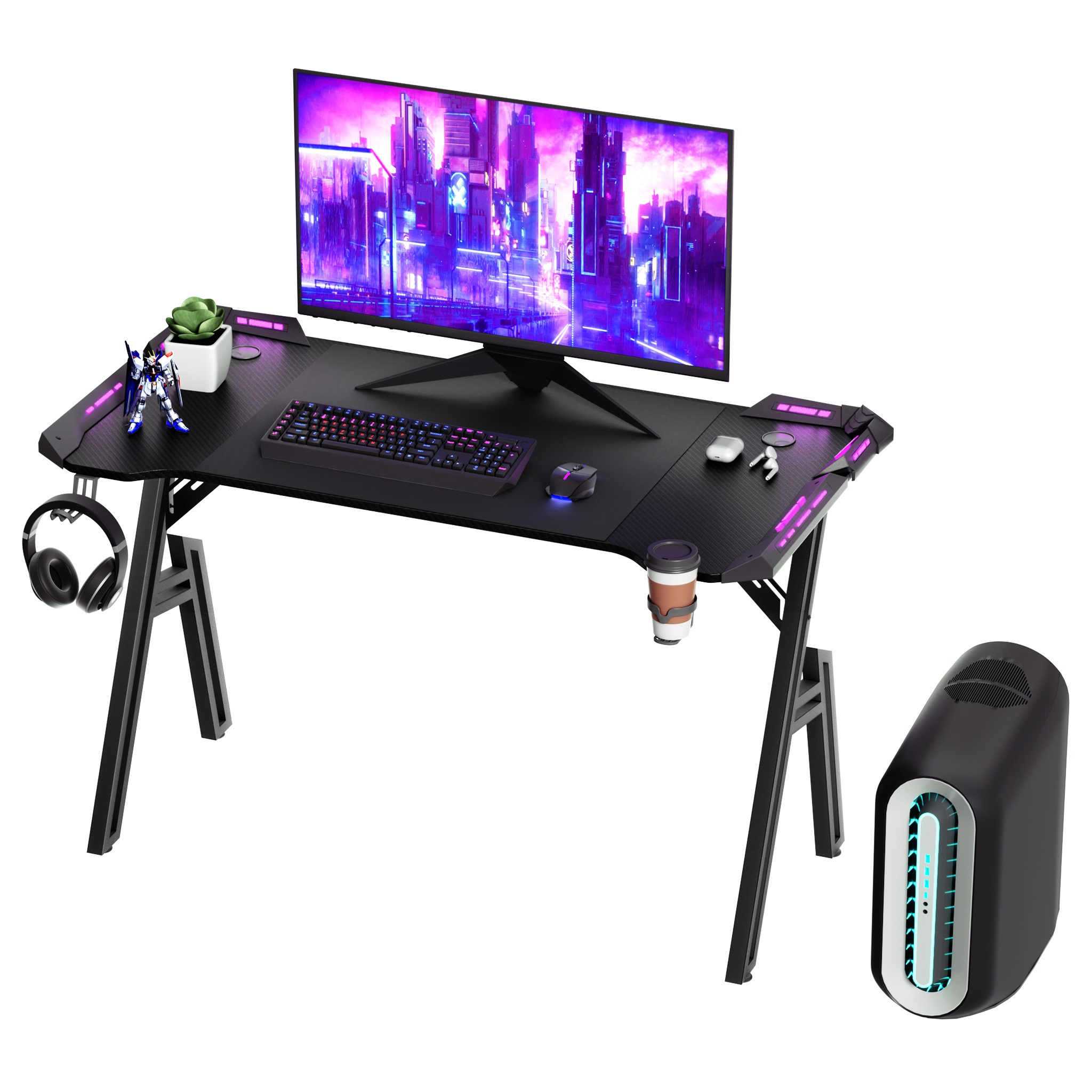 TEMU Tavolo da gaming con supporto per cuffie, porta bicchiere, larghezza 60 cm, scrivania con pannello in fibra di carbonio, scrivania da gaming per