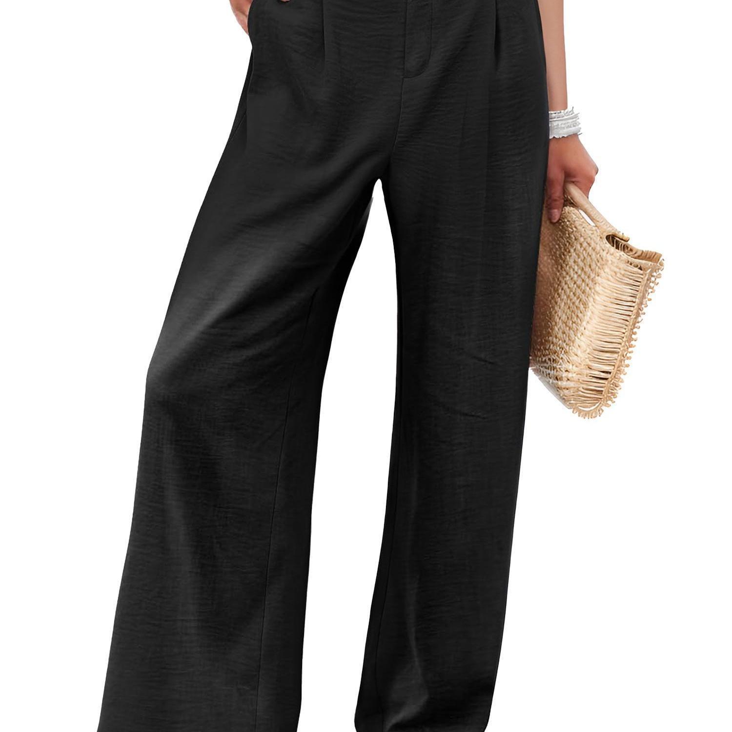

Tooluck Wide Leg Pleated Pants, Casual High Waist Loose Pants With Pocket, Women's Clothing