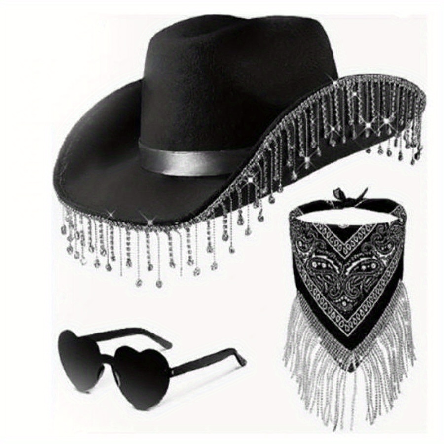Glitter Faux Felt Cowboy Hat Set with Sunglasses and Bandana 3X Women Faux Felt Cowgirl Hat Sunglasses Bandana Set for  main image 3